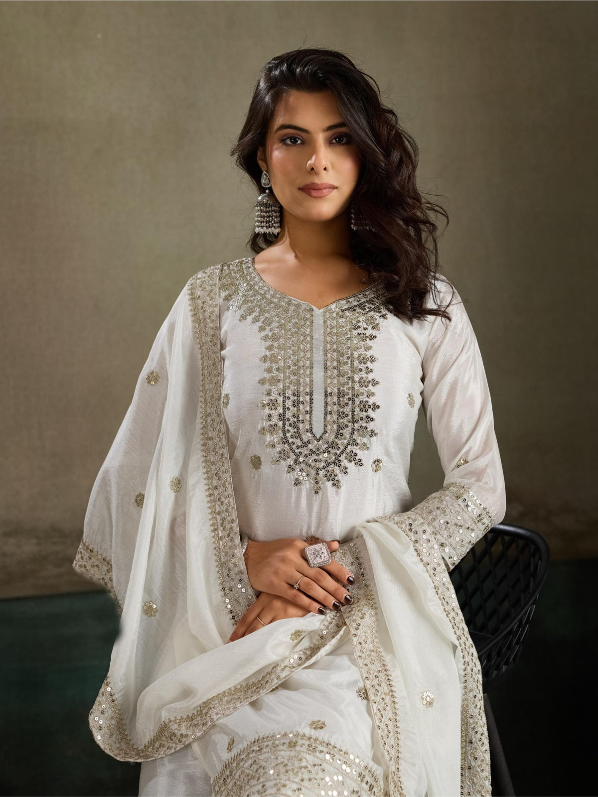White silver sequin embroidered silk kurta palazzo set - close up neckline embroidery detail