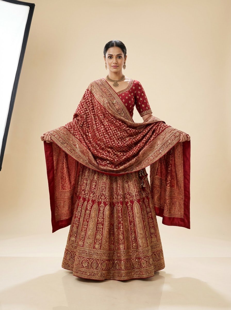 Model displaying maroon banarasi bridal lehenga with all-over gold weave and heavily embroidered dupatta spread wide