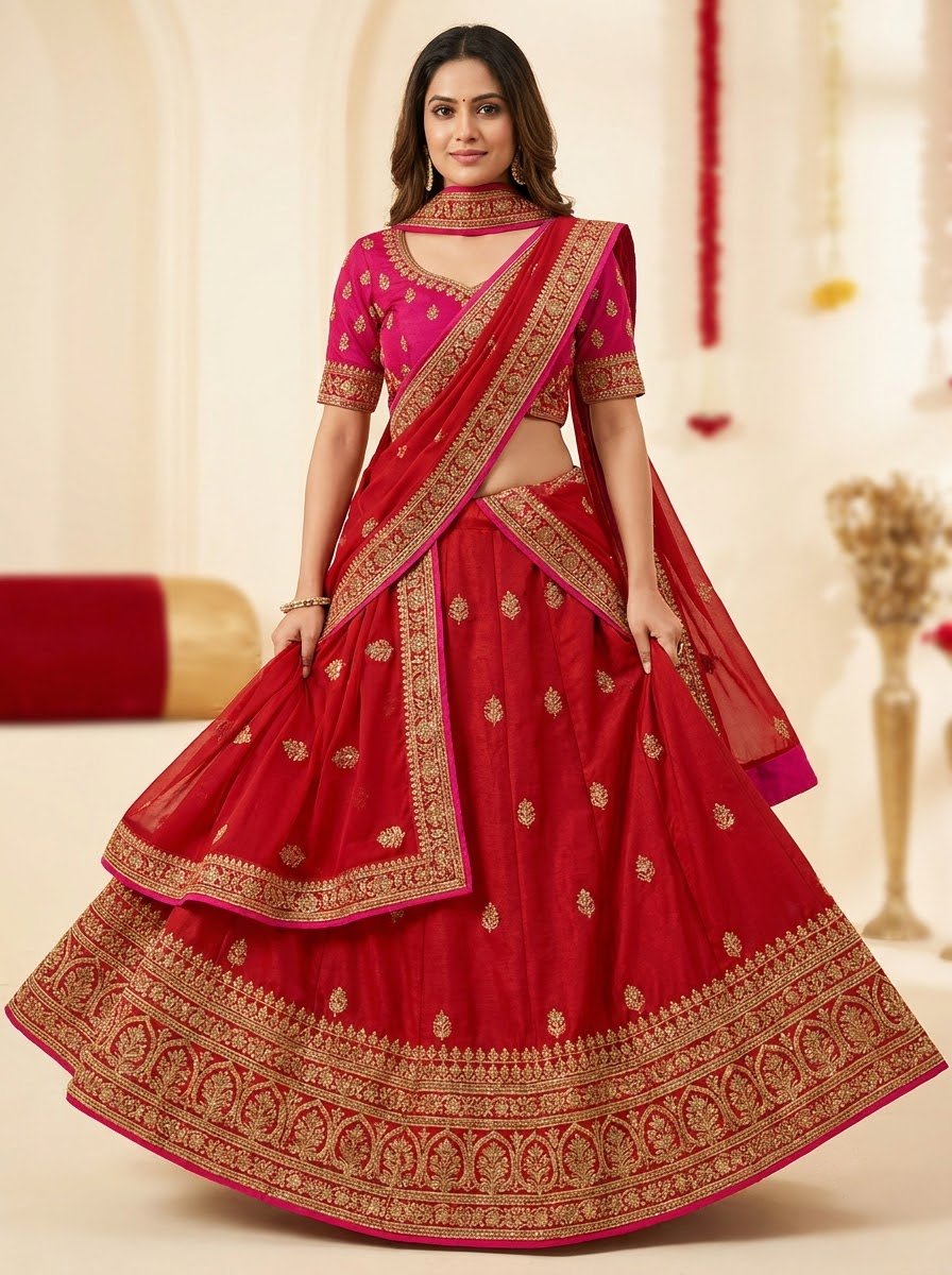 Model wearing red heavy embroidered double-layer bridal lehenga with hot pink choli and gold zari work