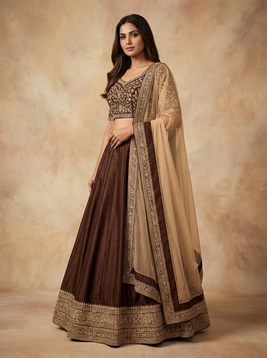 Model wearing chocolate brown embroidered lehenga with gold zari border and beige net dupatta