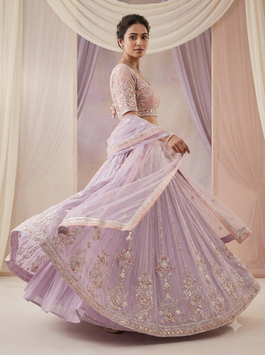 Model spinning in lavender embroidered lehenga with peach choli and silver zari floral panel work