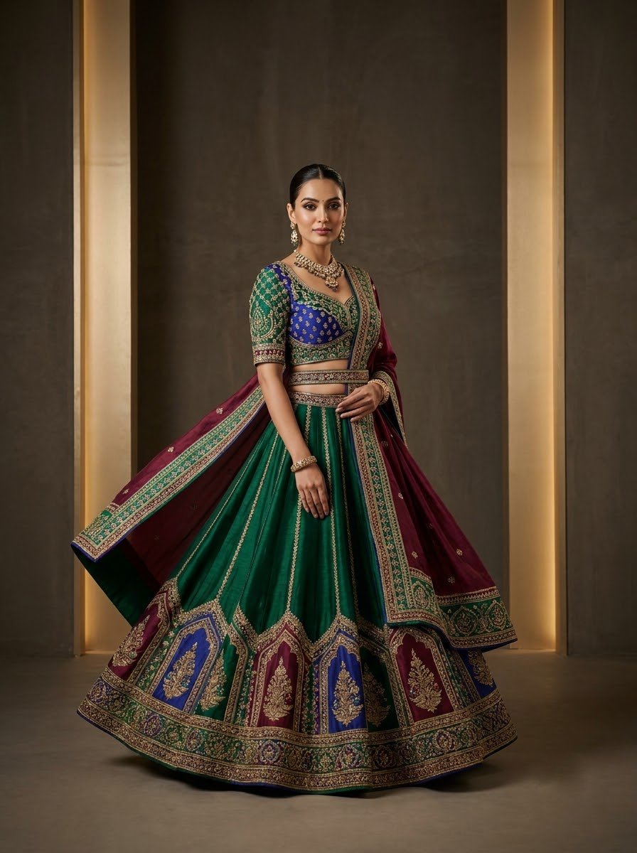 Model wearing jewel tone bridal lehenga in emerald green with royal blue embroidered choli and maroon dupatta with multicolour gold zari border