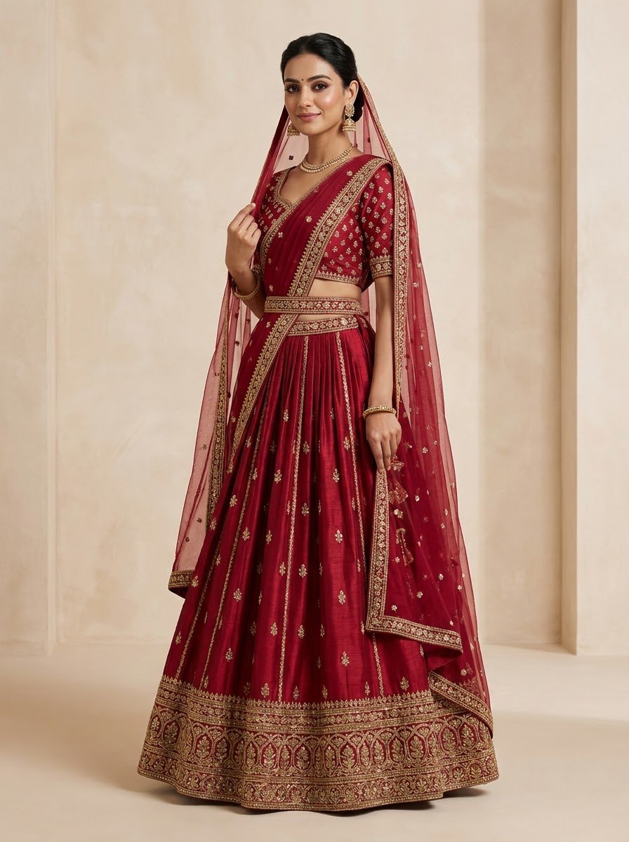 Model wearing deep crimson embroidered bridal lehenga with gold booti work and matching net dupatta