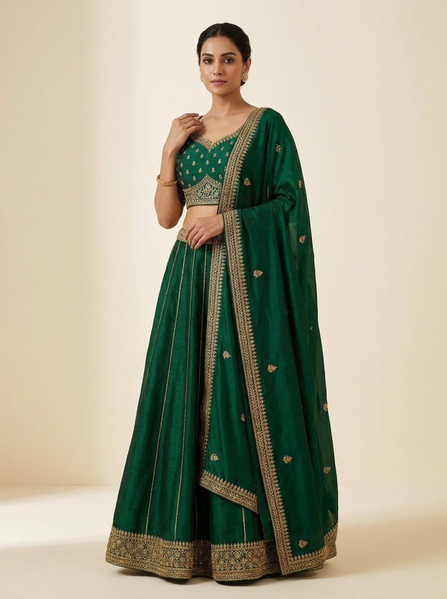 Model wearing emerald green embroidered lehenga with all-over gold booti, vertical stripe detailing and matching emerald dupatta with gold border