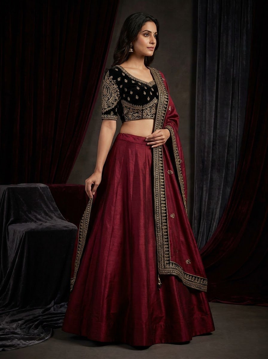 Model wearing crimson silk bridal lehenga with black velvet gold zari embroidered choli and matching crimson dupatta