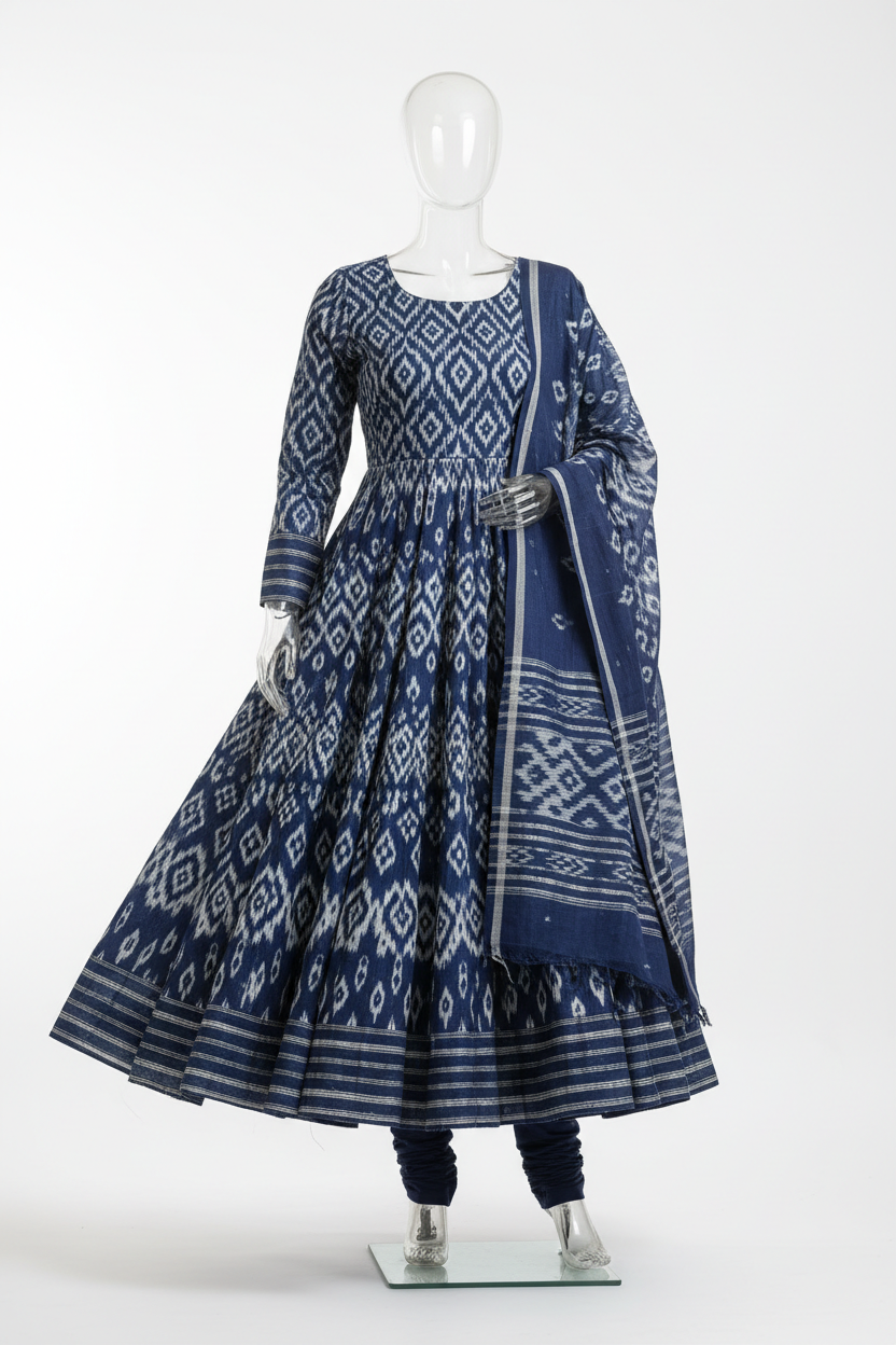 Indigo and White Ikat Print Anarkali with geometric handloom weave