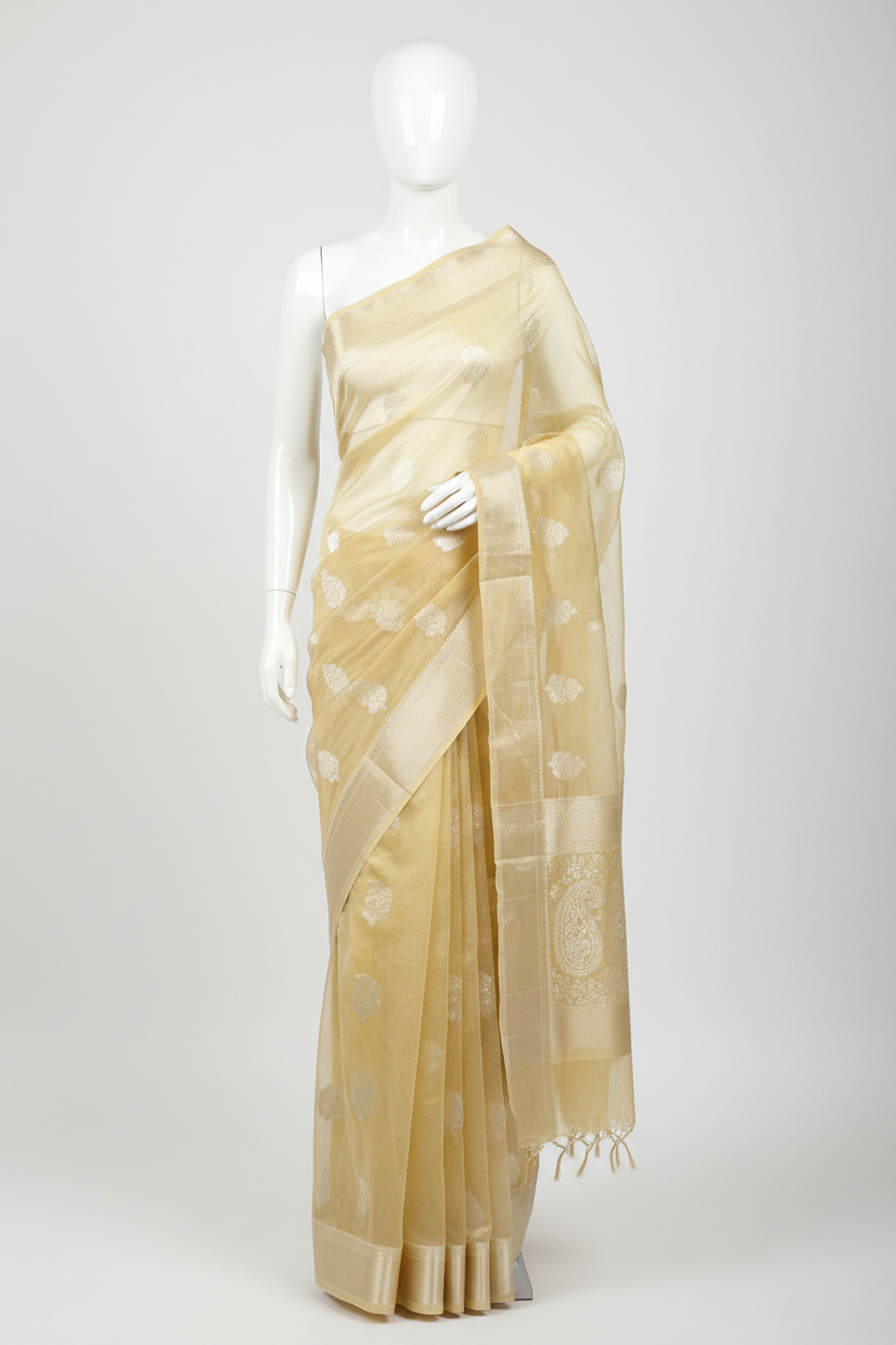 Butter Yellow Chanderi Silk Saree with Silver Zari Border