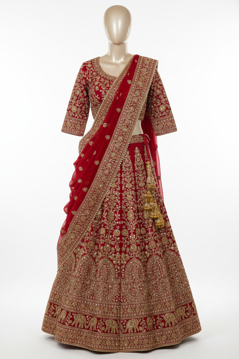 Bridal Lehenga Choli in Red and Gold with Zari Embroidery