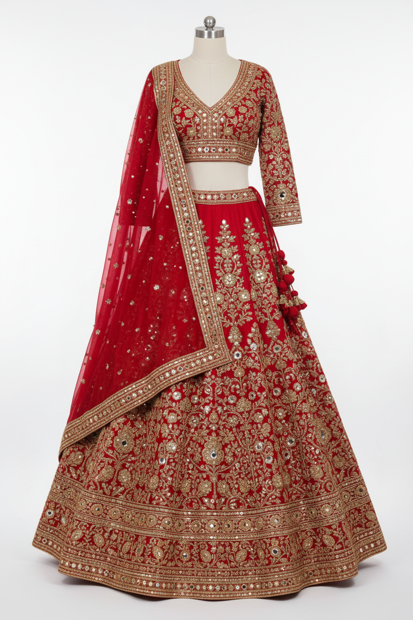 Scarlet Red Bridal Chaniya Choli with heavy gold embroidery and mirror work
