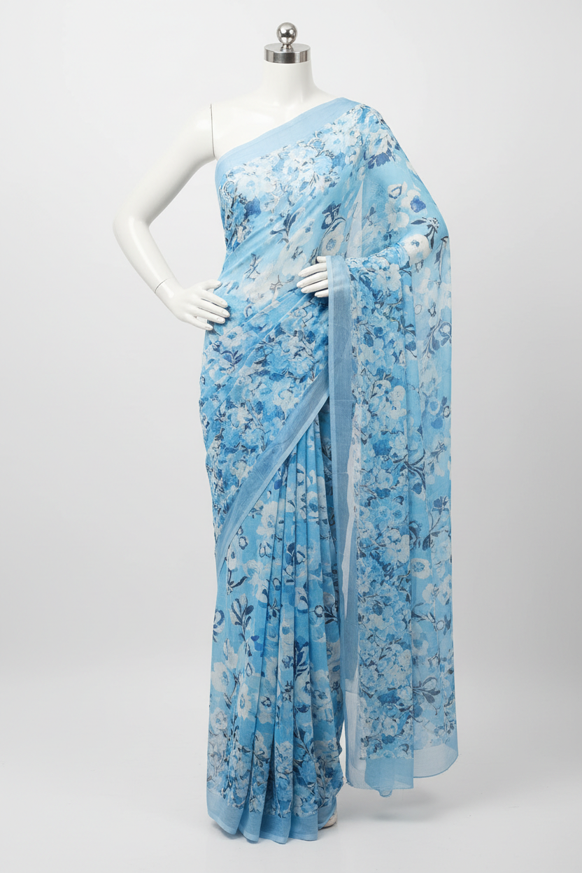 Blue Floral Printed Georgette Saree with printed border and pallu