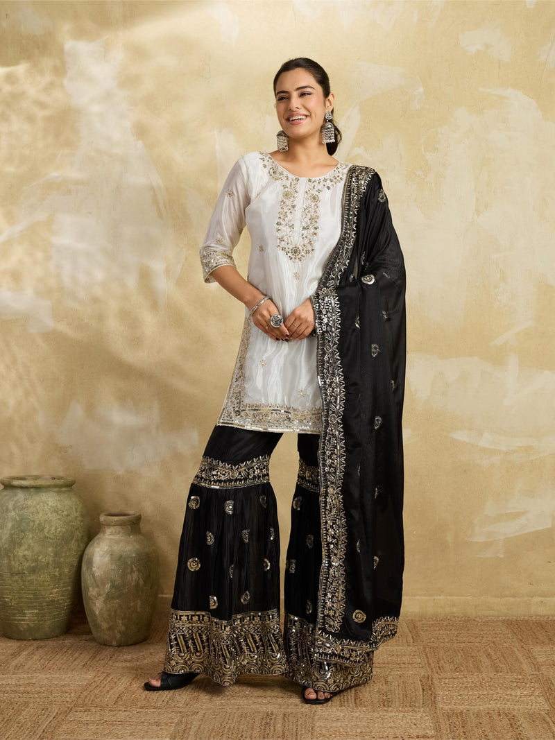 White & Black Embroidered Kurta Sharara Set with Dupatta