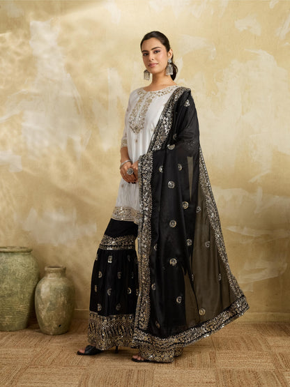 White and black embroidered kurta sharara set with dupatta - front view