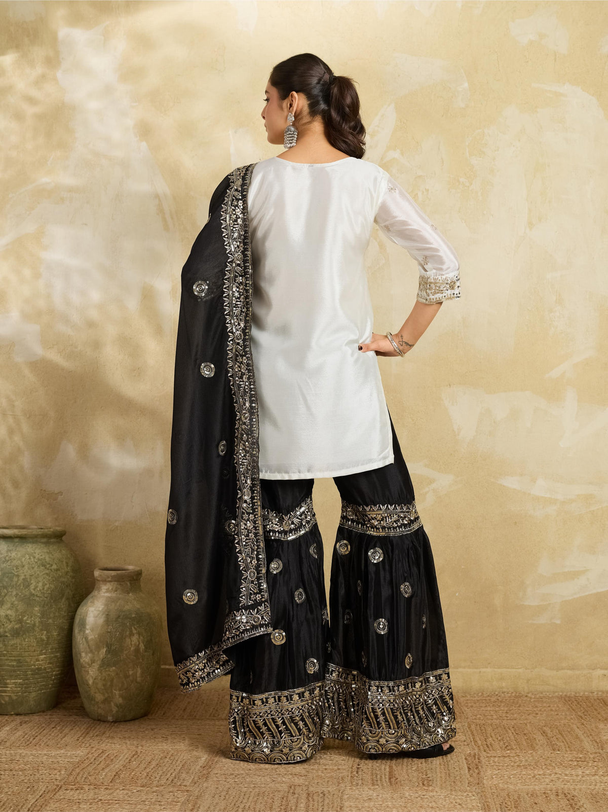 White & Black Embroidered Kurta Sharara Set with Dupatta