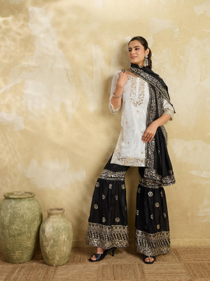 White & Black Embroidered Kurta Sharara Set with Dupatta