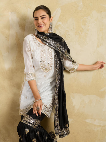 White & Black Embroidered Kurta Sharara Set with Dupatta