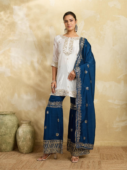White & Teal Blue Embroidered Kurta Sharara Set with Dupatta