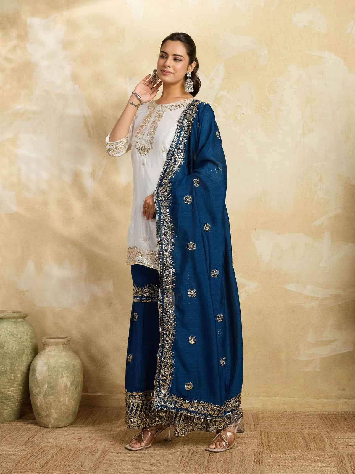 White & Teal Blue Embroidered Kurta Sharara Set with Dupatta