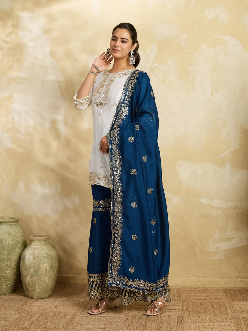White & Teal Blue Embroidered Kurta Sharara Set with Dupatta