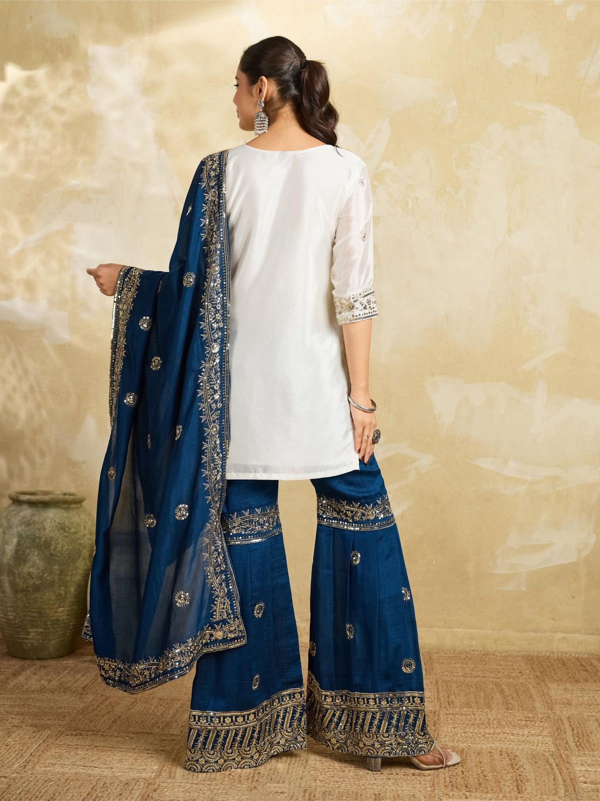 White and teal blue embroidered kurta sharara set - back view
