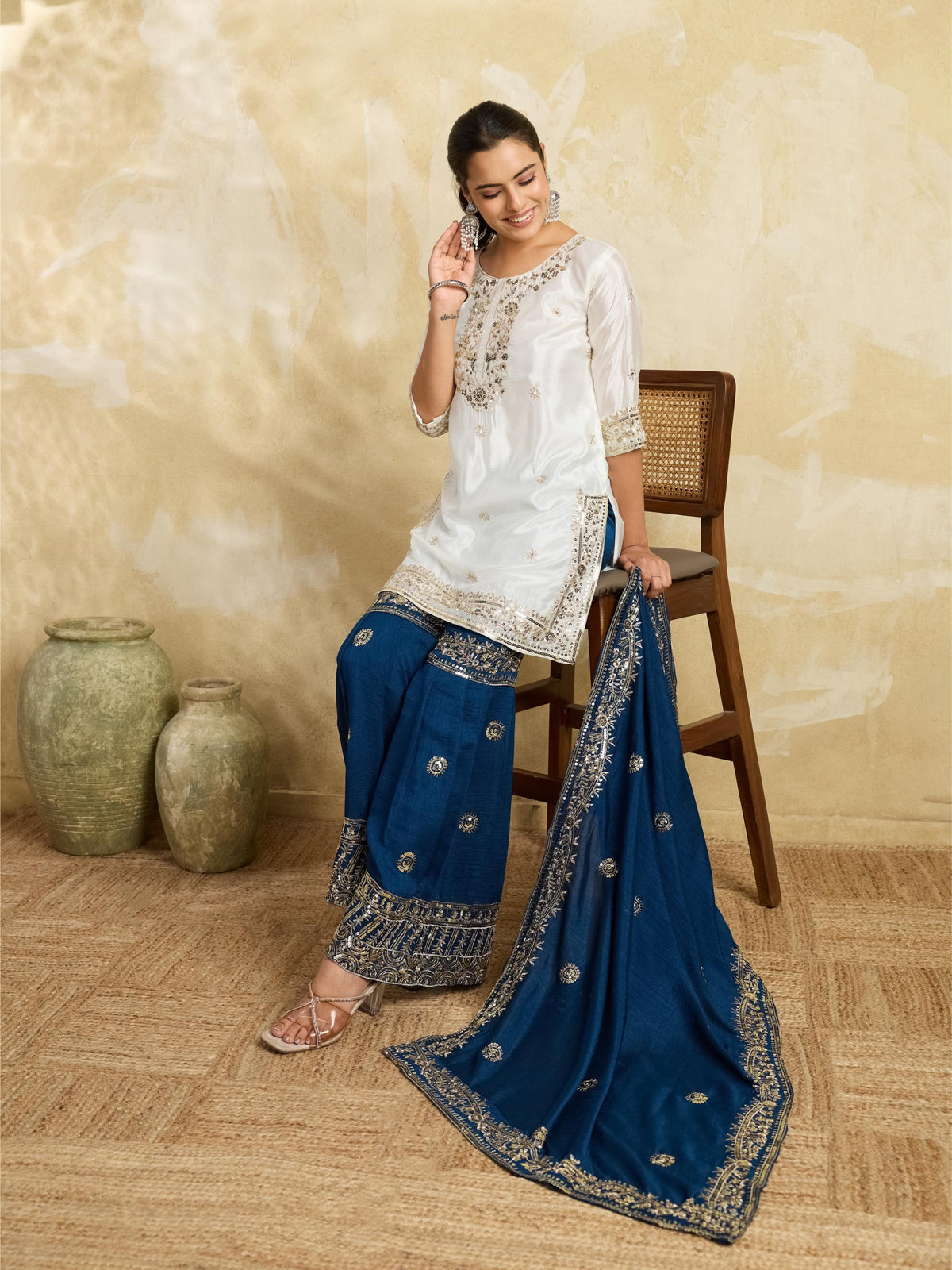 White and teal blue embroidered kurta sharara set - front view with dupatta open
