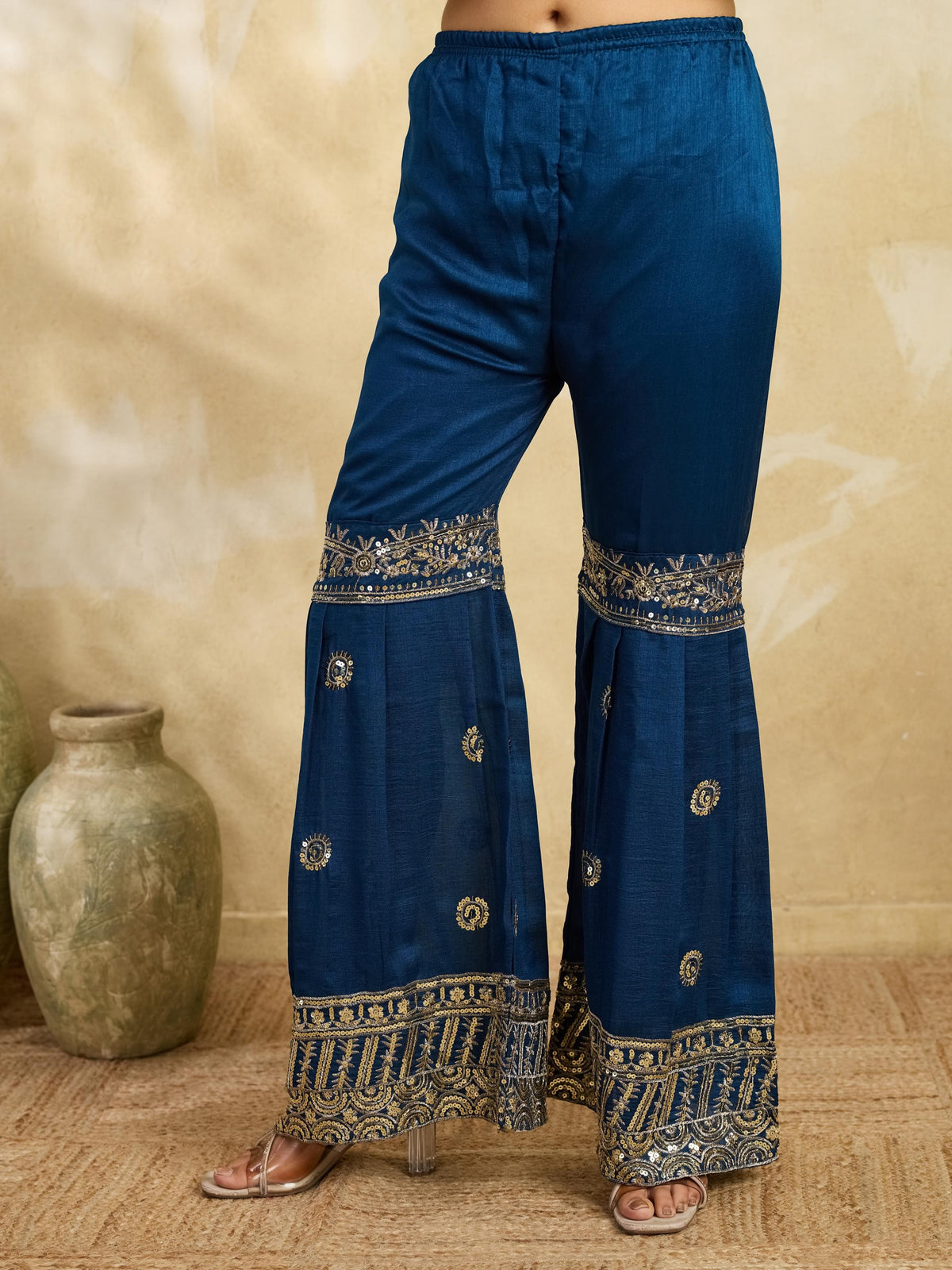 White & Teal Blue Embroidered Kurta Sharara Set with Dupatta