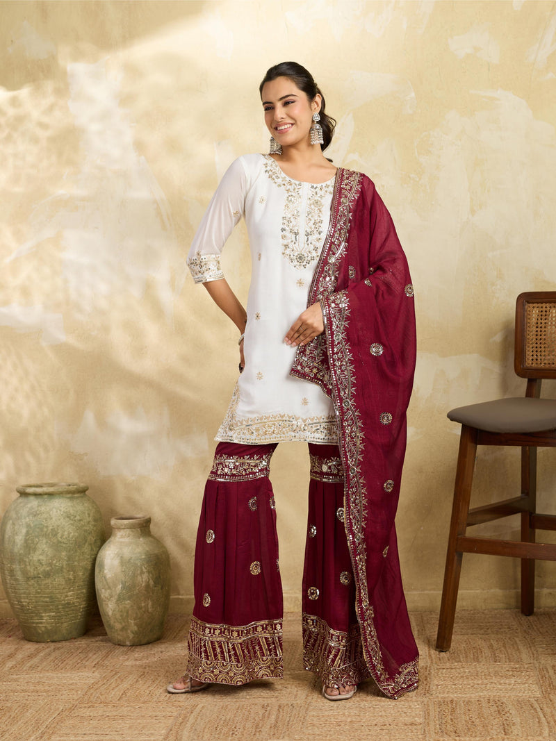 White & Maroon Embroidered Kurta Sharara Set with Dupatta