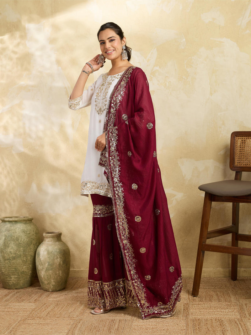 White & Maroon Embroidered Kurta Sharara Set with Dupatta