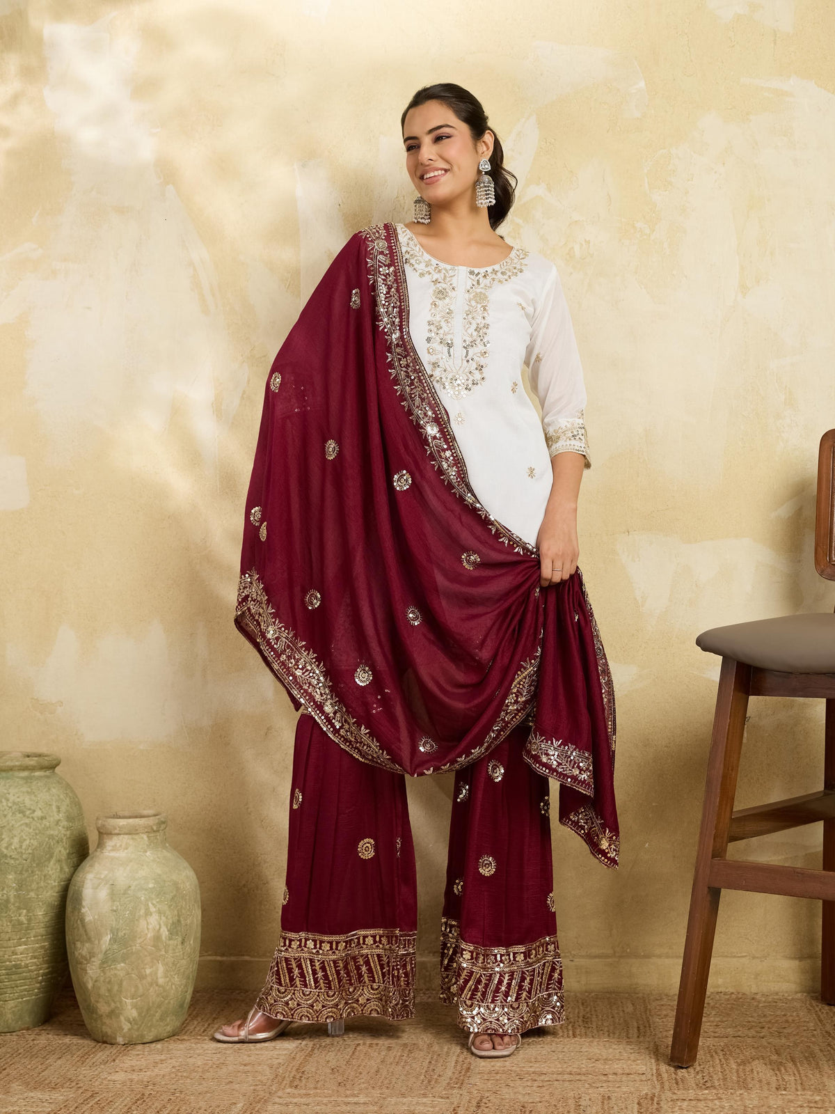 White and maroon embroidered kurta sharara set - full front view with dupatta