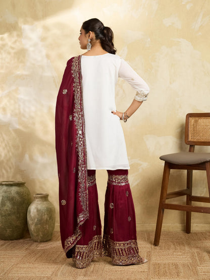 White & Maroon Embroidered Kurta Sharara Set with Dupatta