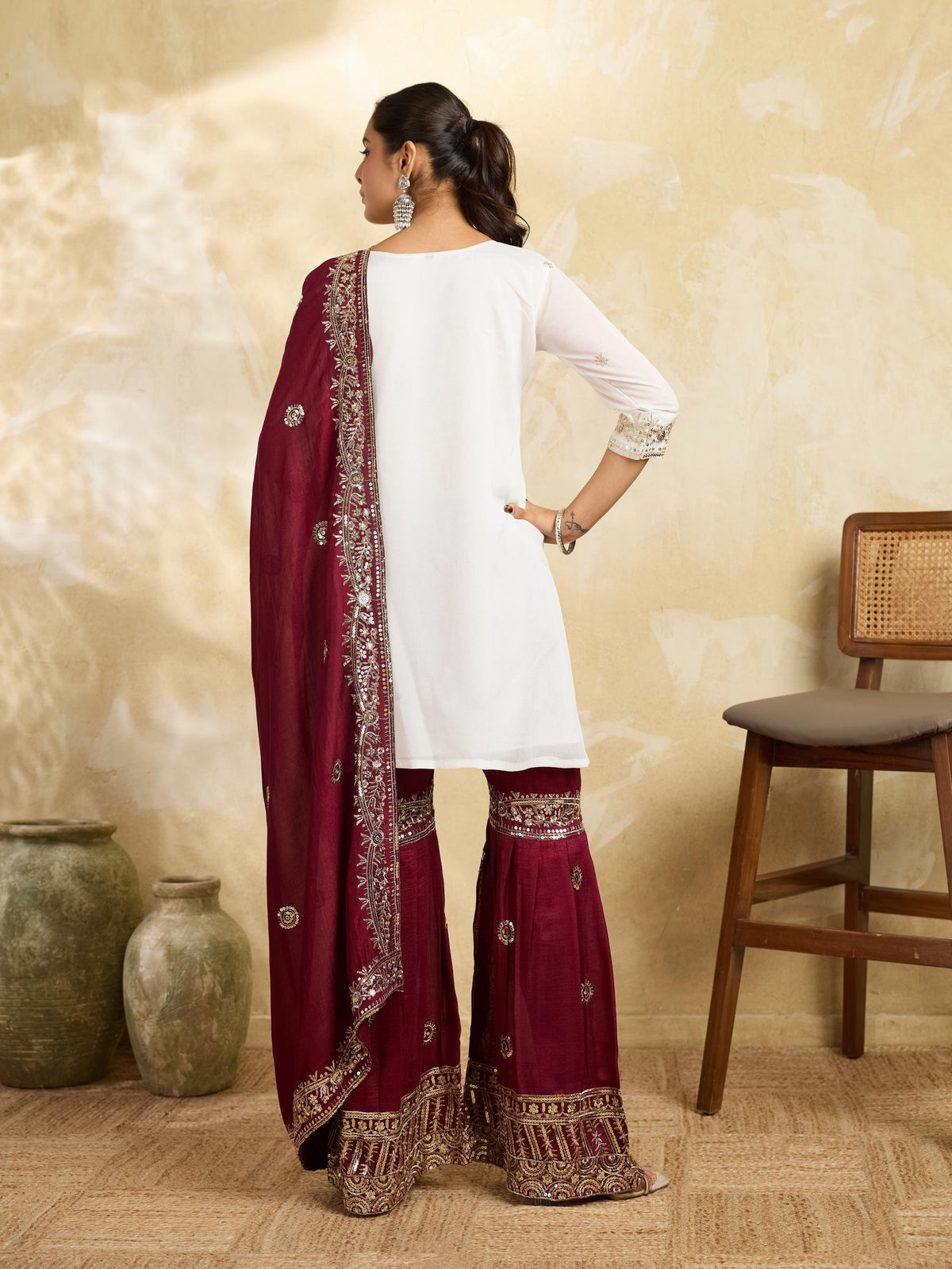 White and maroon embroidered kurta sharara set - back view