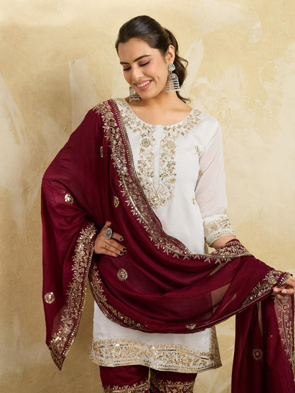White & Maroon Embroidered Kurta Sharara Set with Dupatta