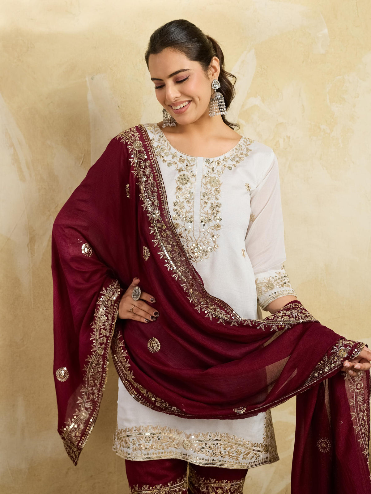 White and maroon embroidered kurta sharara set - front view with dupatta draped