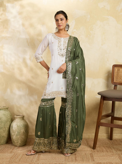 White & Olive Green Embroidered Kurta Sharara Set with Dupatta