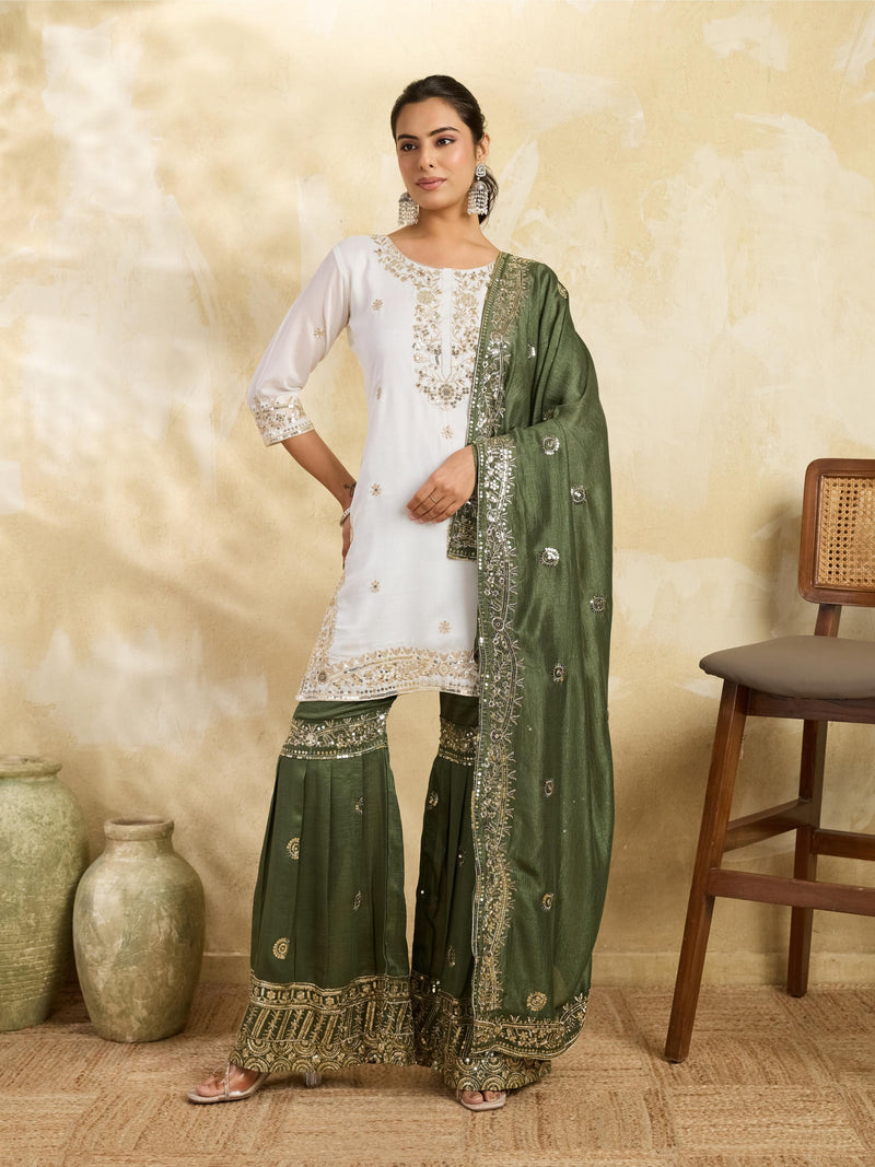 White & Olive Green Embroidered Kurta Sharara Set with Dupatta
