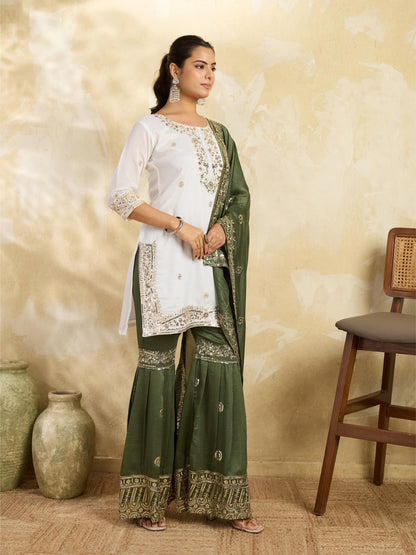 White and olive green embroidered kurta sharara set - side view with dupatta