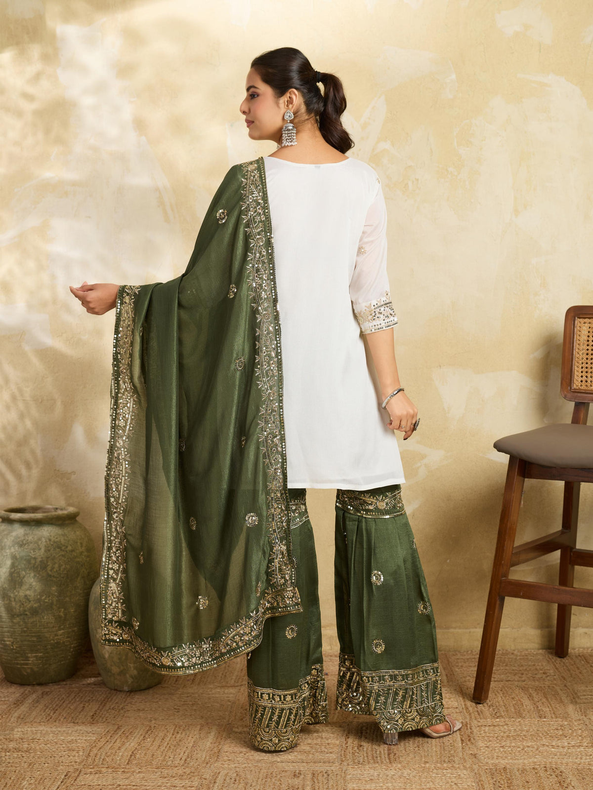 White & Olive Green Embroidered Kurta Sharara Set with Dupatta