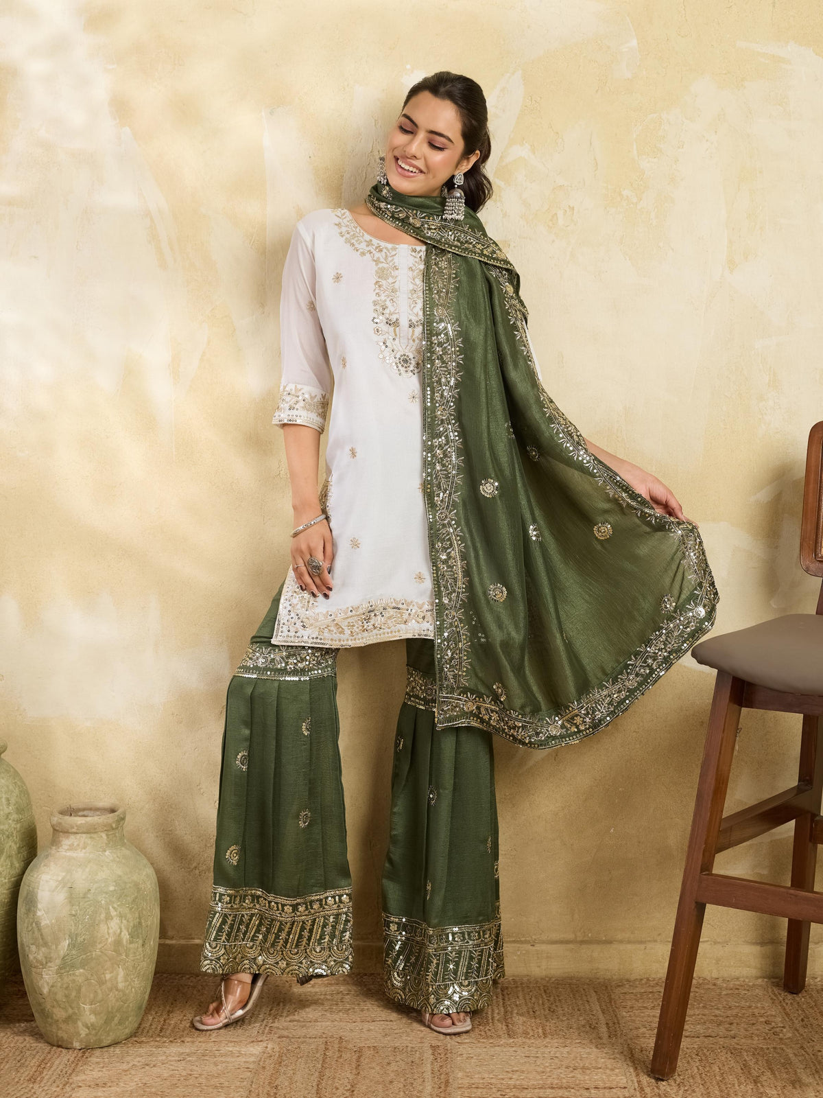 White and olive green embroidered kurta sharara set - full view with dupatta open