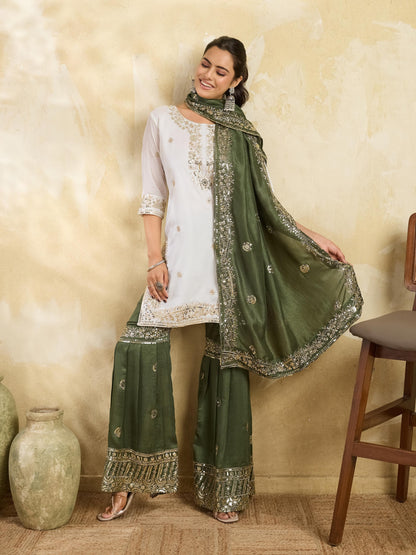 White and olive green embroidered kurta sharara set - full view with dupatta open