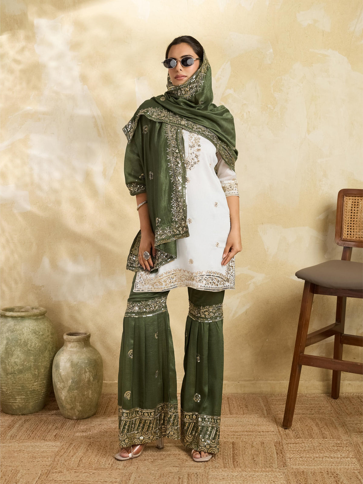 White & Olive Green Embroidered Kurta Sharara Set with Dupatta