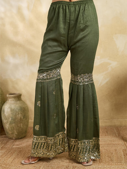 White & Olive Green Embroidered Kurta Sharara Set with Dupatta