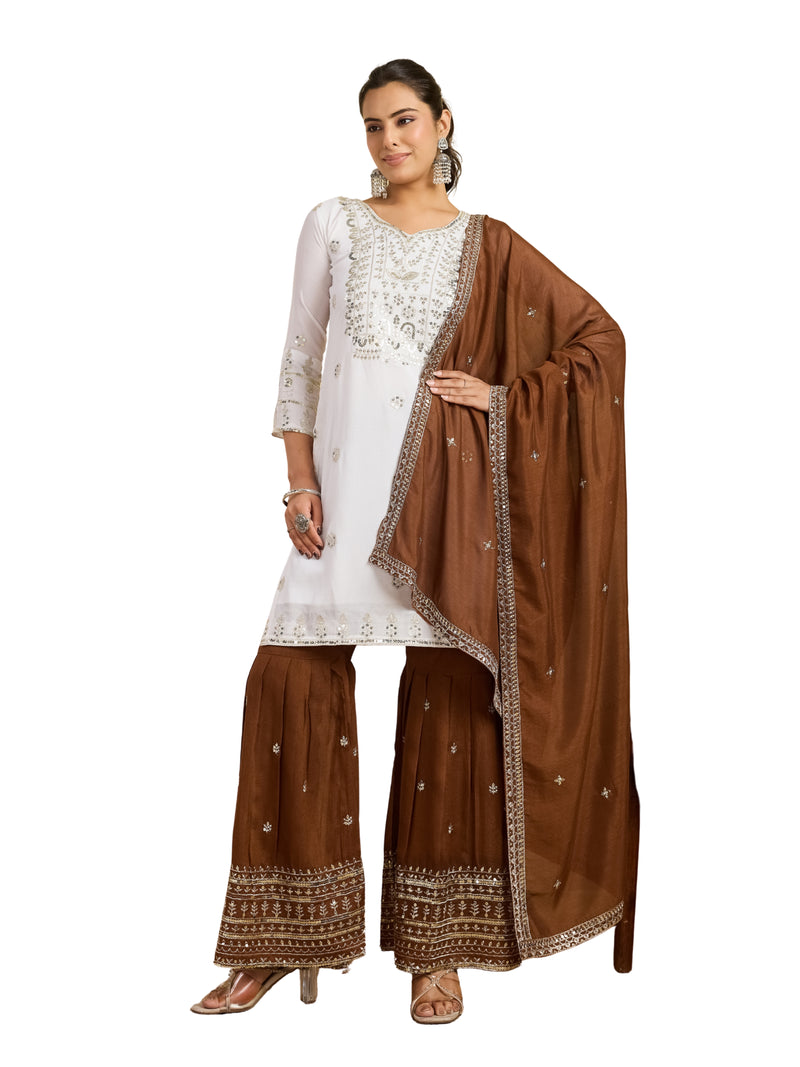 White & Brown Embroidered Kurta Sharara Set with Dupatta
