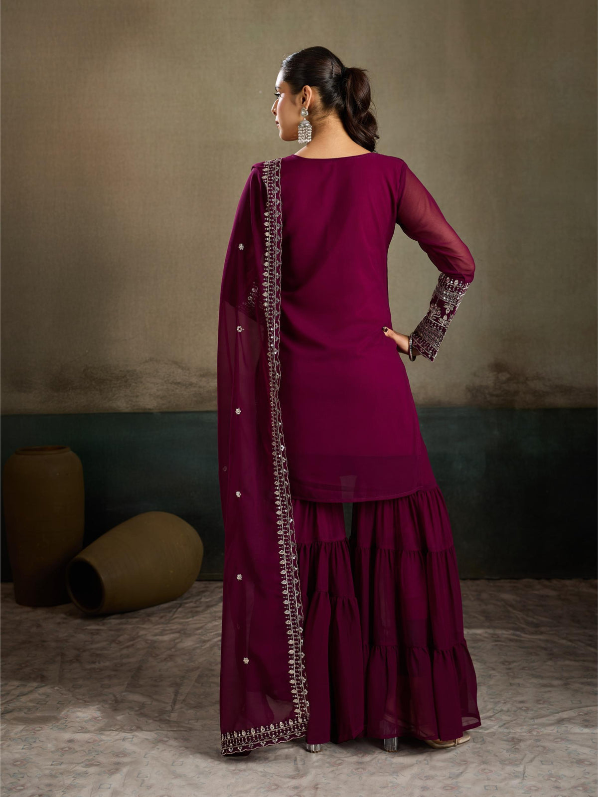 Wine magenta embroidered georgette kurta sharara set - sharara close up