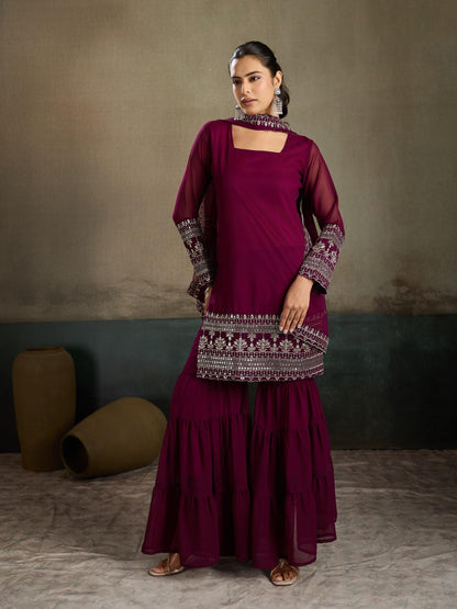 Wine Magenta Embroidered Georgette Kurta Sharara Set with Dupatta