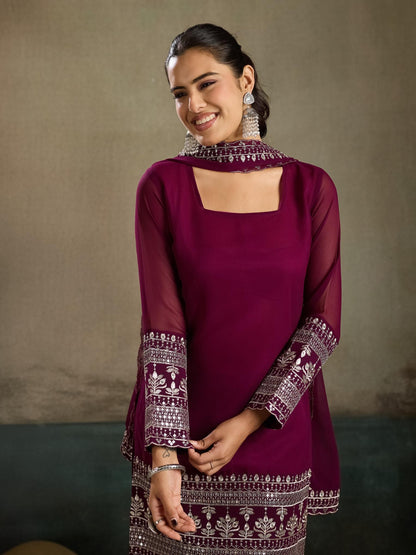 Wine Magenta Embroidered Georgette Kurta Sharara Set with Dupatta