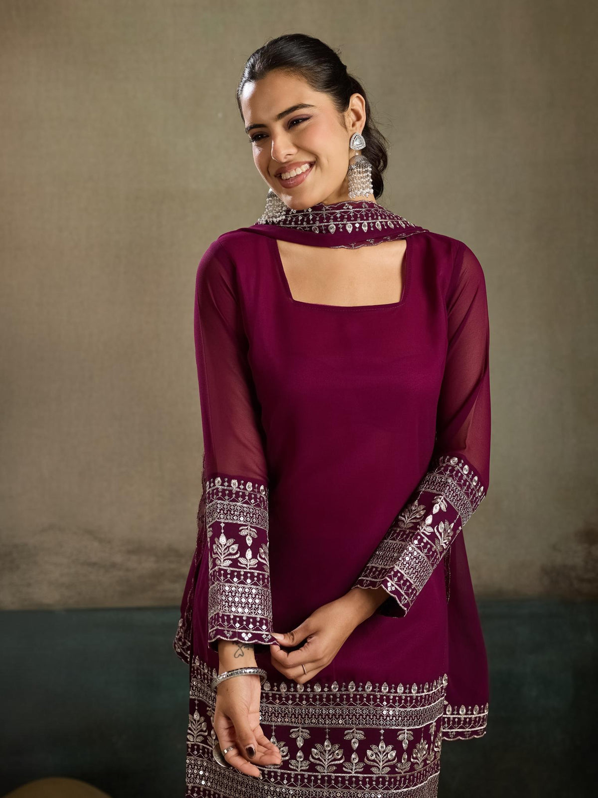 Wine magenta embroidered georgette kurta sharara set - full front view