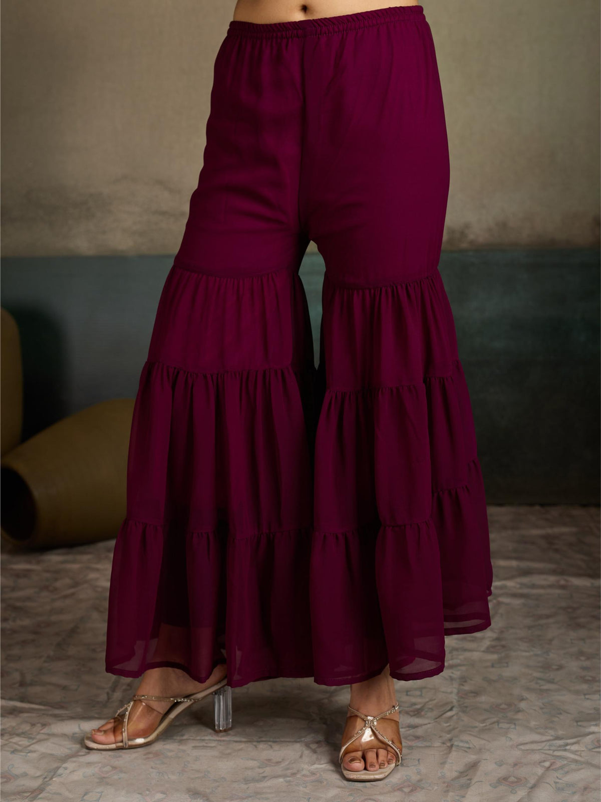 Wine magenta embroidered georgette kurta sharara set - back view with dupatta