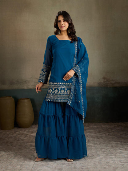 Teal Blue Embroidered Georgette Kurta Sharara Set with Dupatta