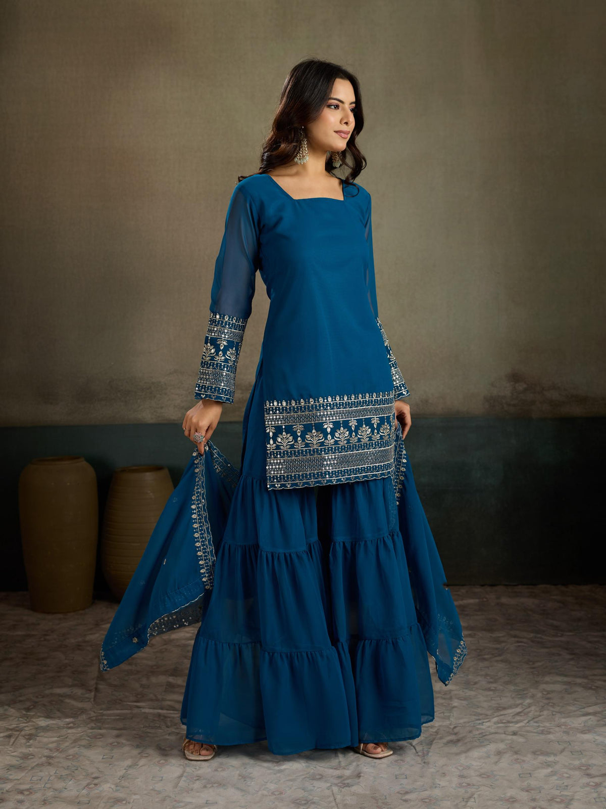 Teal Blue Embroidered Georgette Kurta Sharara Set with Dupatta