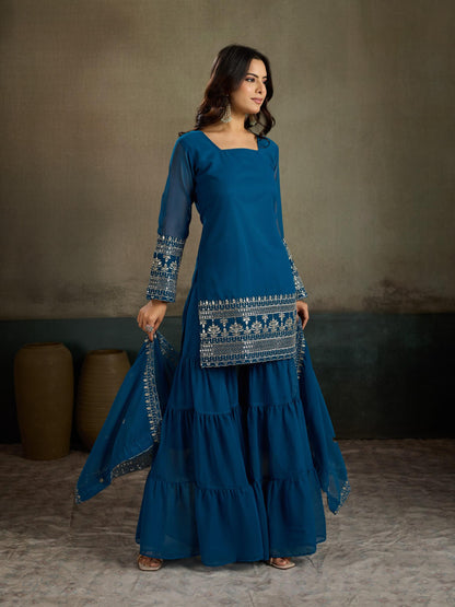 Teal blue embroidered georgette kurta sharara set - full front view with dupatta