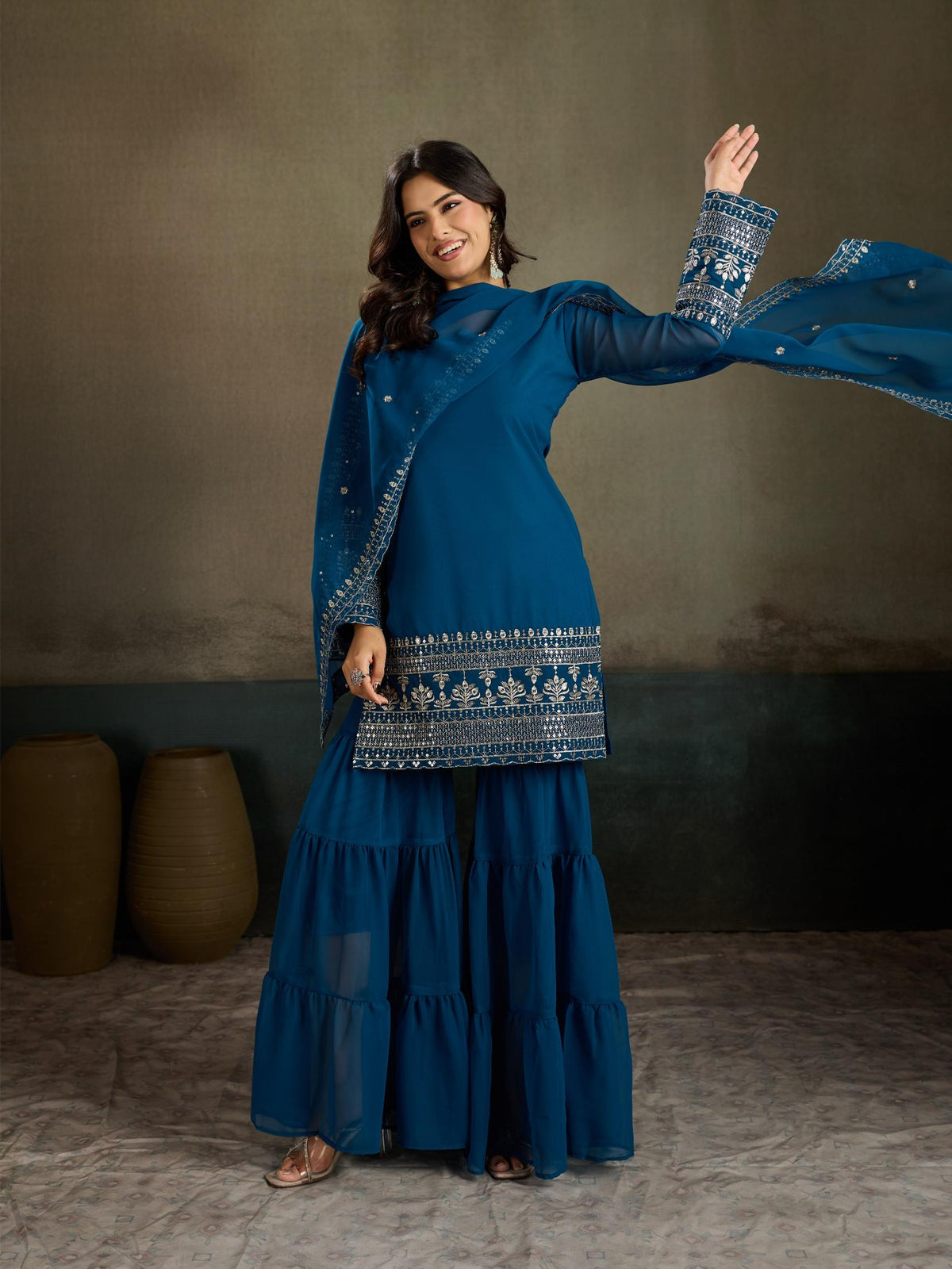 Teal Blue Embroidered Georgette Kurta Sharara Set with Dupatta